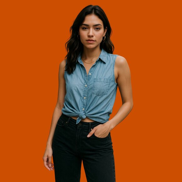 BeachLunchLounge Chambray Sleeveless Button-Up | Denim Tank Top | Size L - Picture 1 of 8